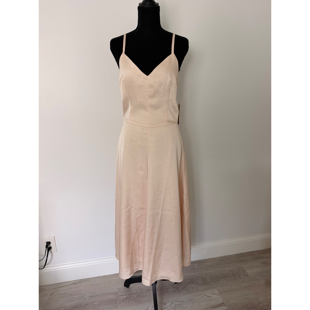 O.P.T. Champagne Satin V-Neck Midi Dress NWT Size 6 Sleeveless Cocktail Wedding